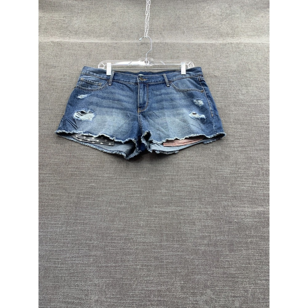 Old Navy Patriotic Shorts Women 0 Blue Denim Distressed Stars Stripes Frayed Hem